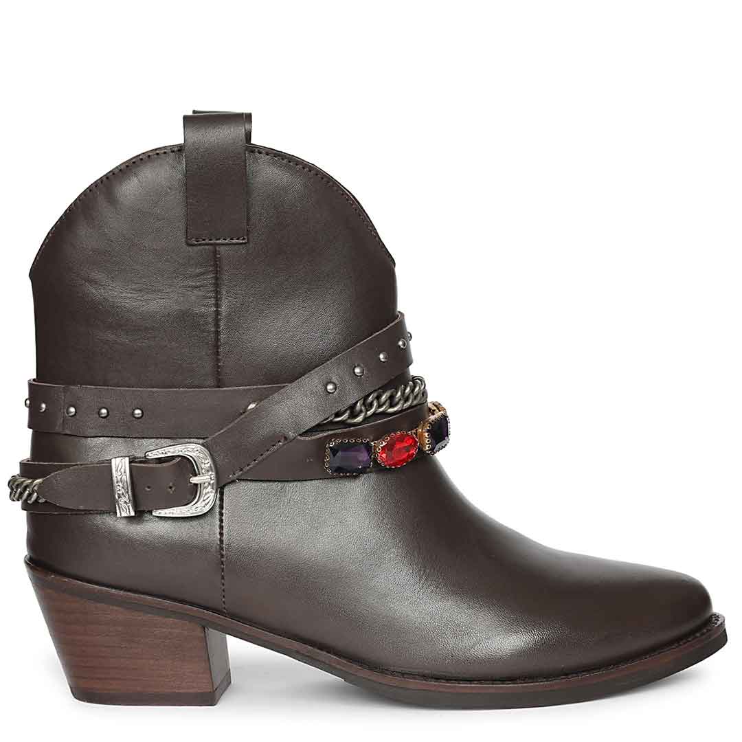 Saint Louanne Brown Leather Rhinestone Studded Décor Boots