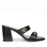 Saint Brisa Gold Emblems Black Leather Heels