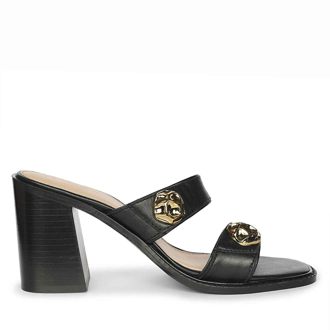 Saint Brisa Gold Emblems Black Leather Heels