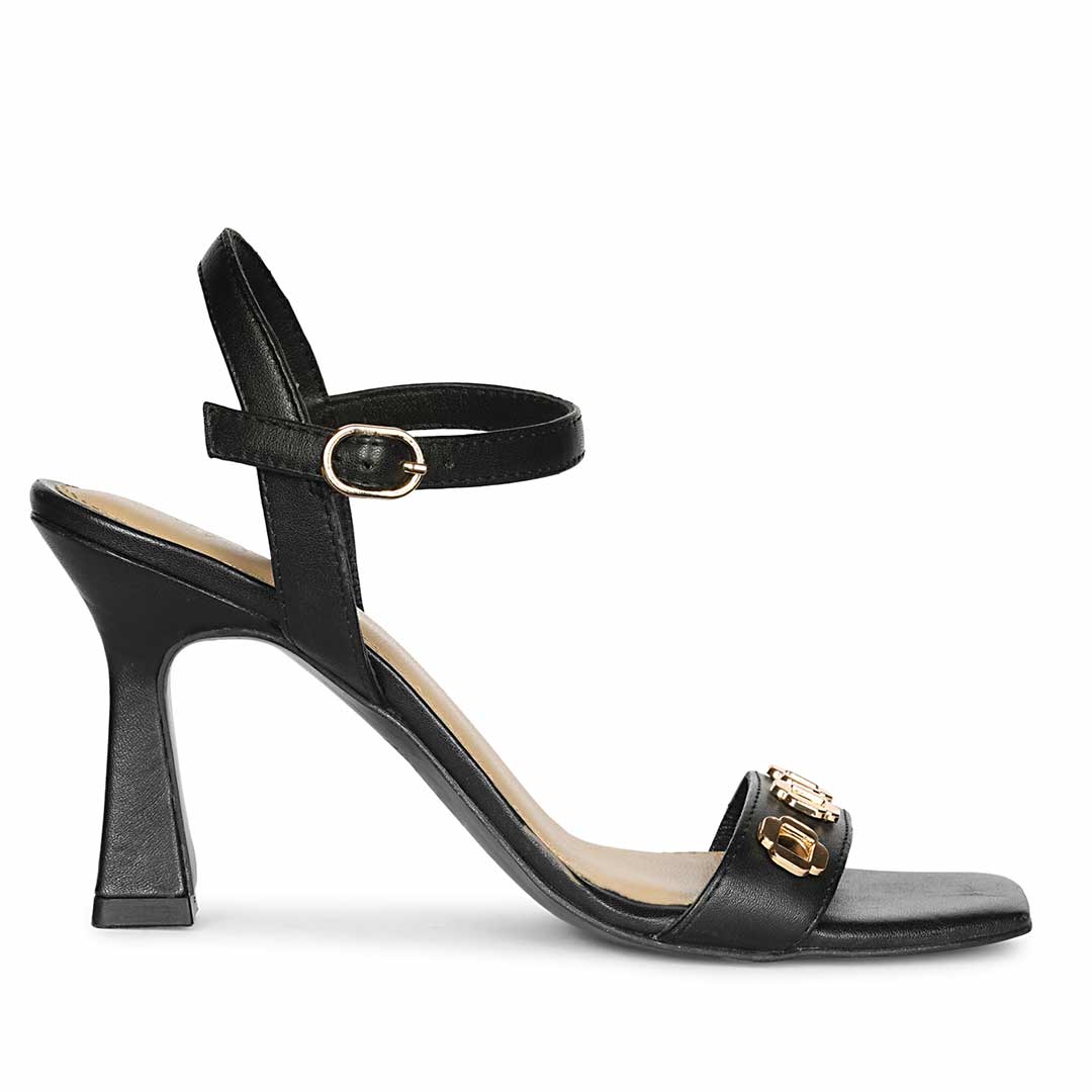 Saint Dahlia Gold Flower Eyelets Black Leather Heels