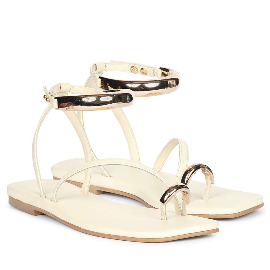Saint Zinovia Gold-Trim Off White Leather Sandals