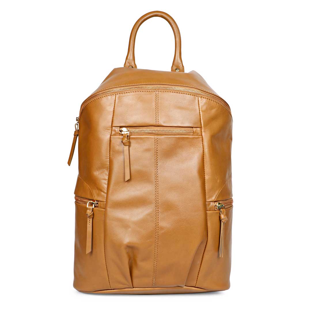 Favore Tan Leather Oversized Structured Backpacks