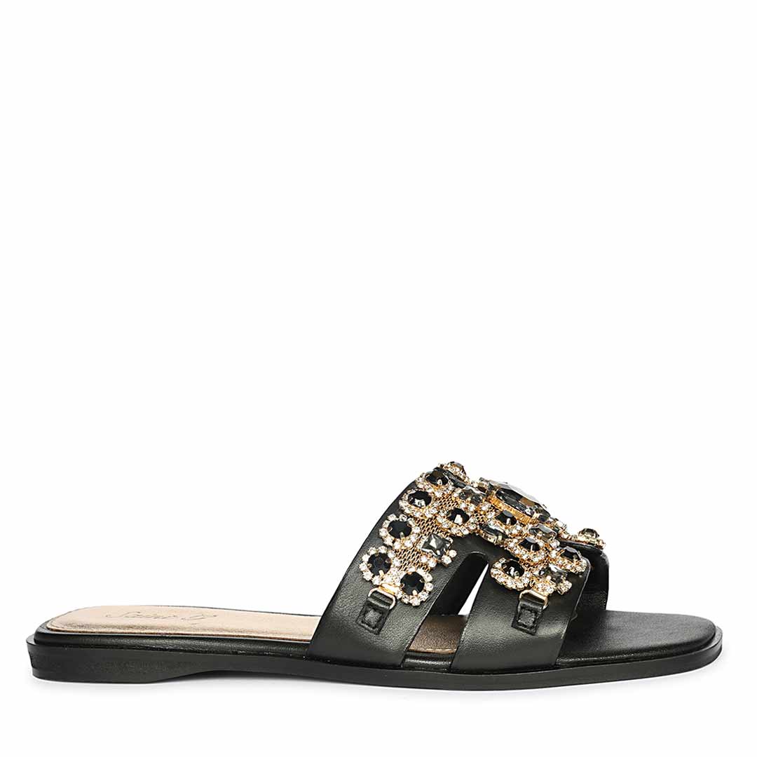 Saint Eileen Embroidered Stone Black Leather Slides