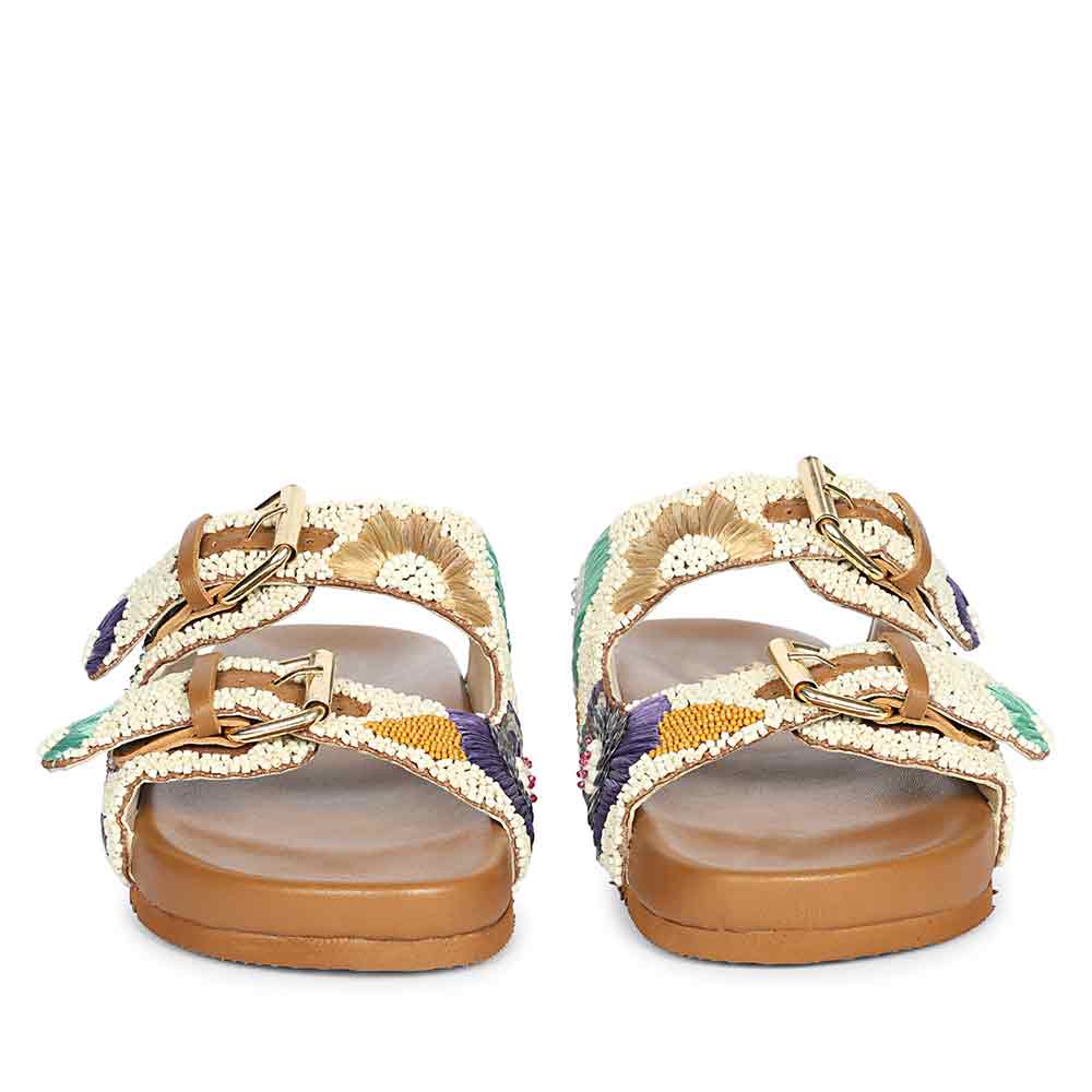 Saint Clio Hand-Embroidered Tan Leather Footbed Sandals