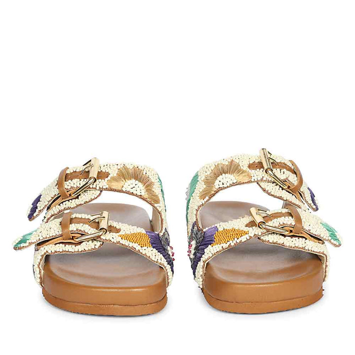 Saint Clio Hand-Embroidered Tan Leather Footbed Sandals