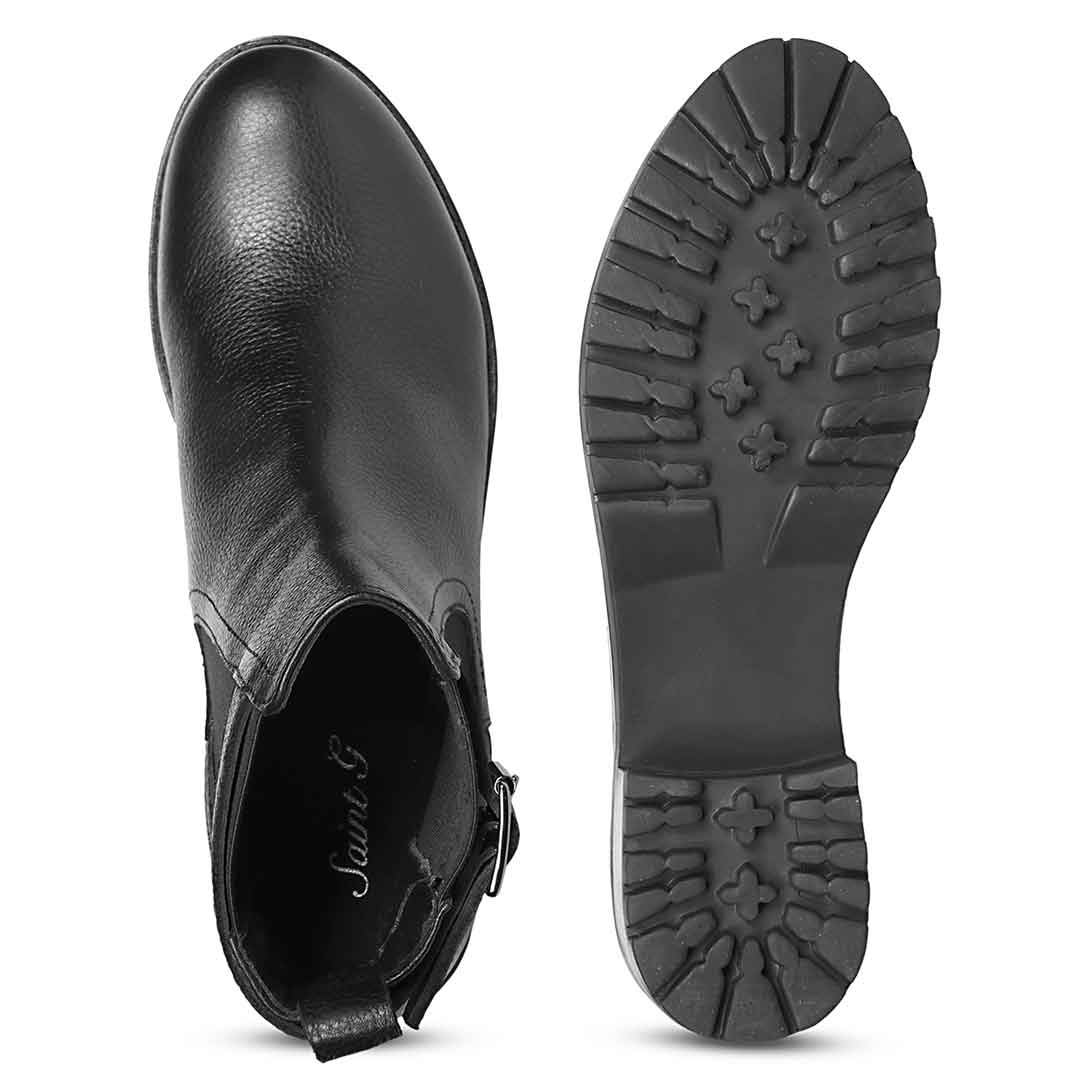 Saint Nalani Buckle Decor Black Leather Ankle Boots