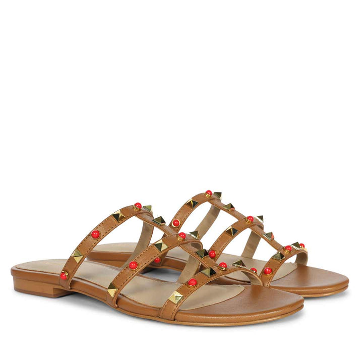 Saint Valene Studded Tan Leather Flats