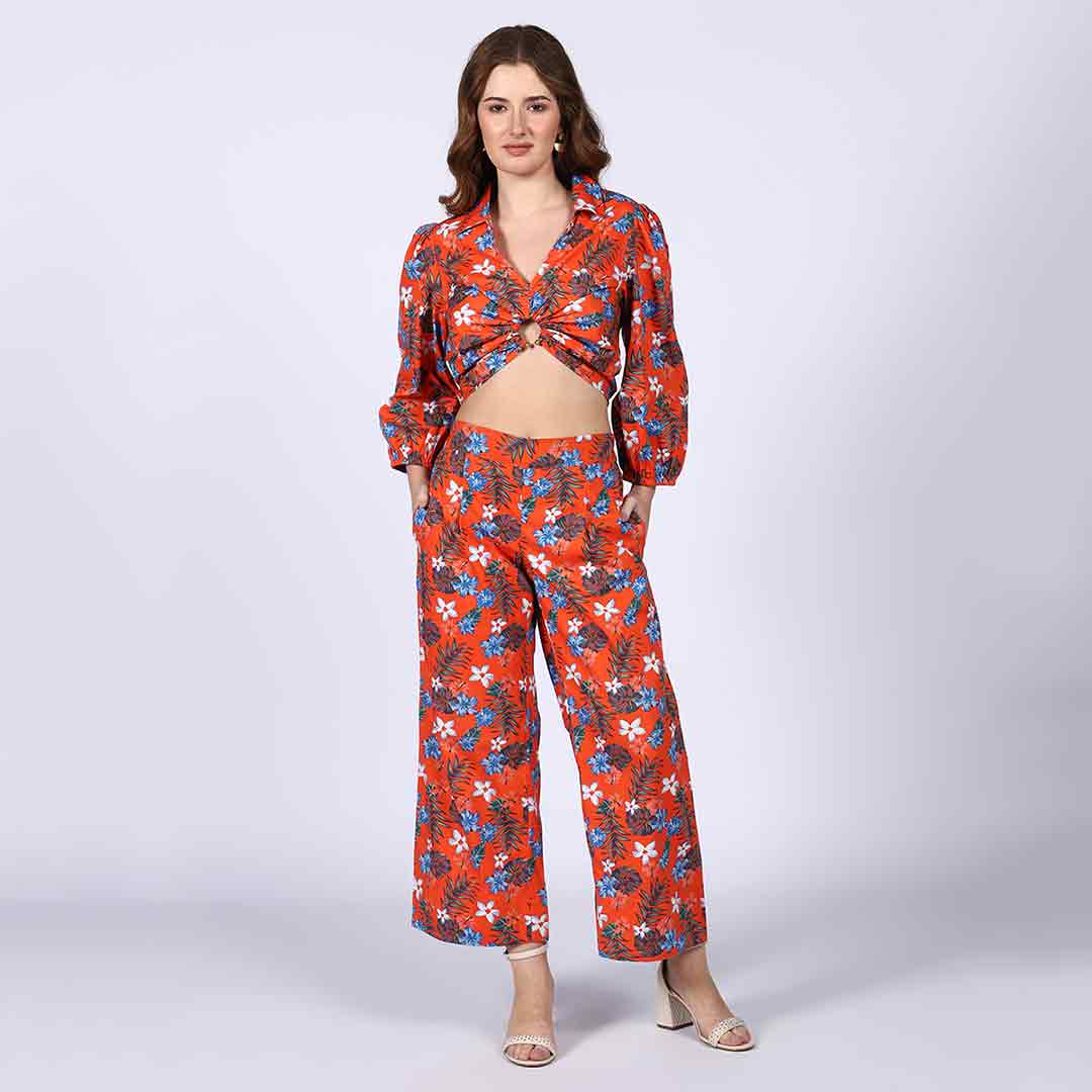 Saint Womens Orange Floral Cotton Poplin Co-ord Set