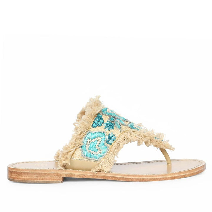 Saint Flora Turquoise Hand-Embroidered Leather Flats