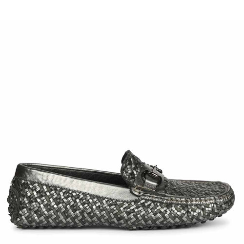 Saint Aurora Gunmetal Black Handwoven Leather Horsebit Loafers