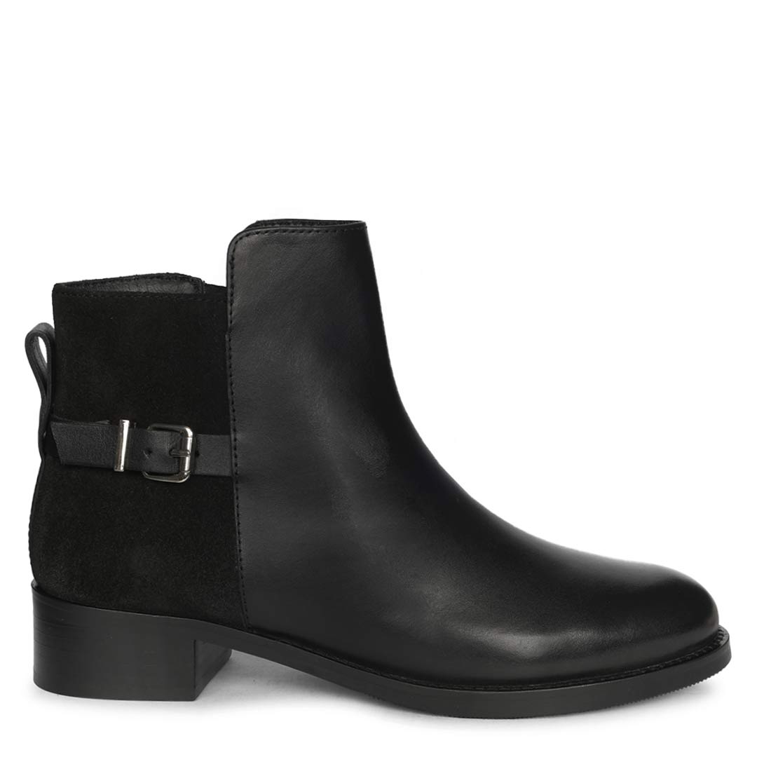 Saint Mikayla Buckle Strap Black Leather Ankle Boots
