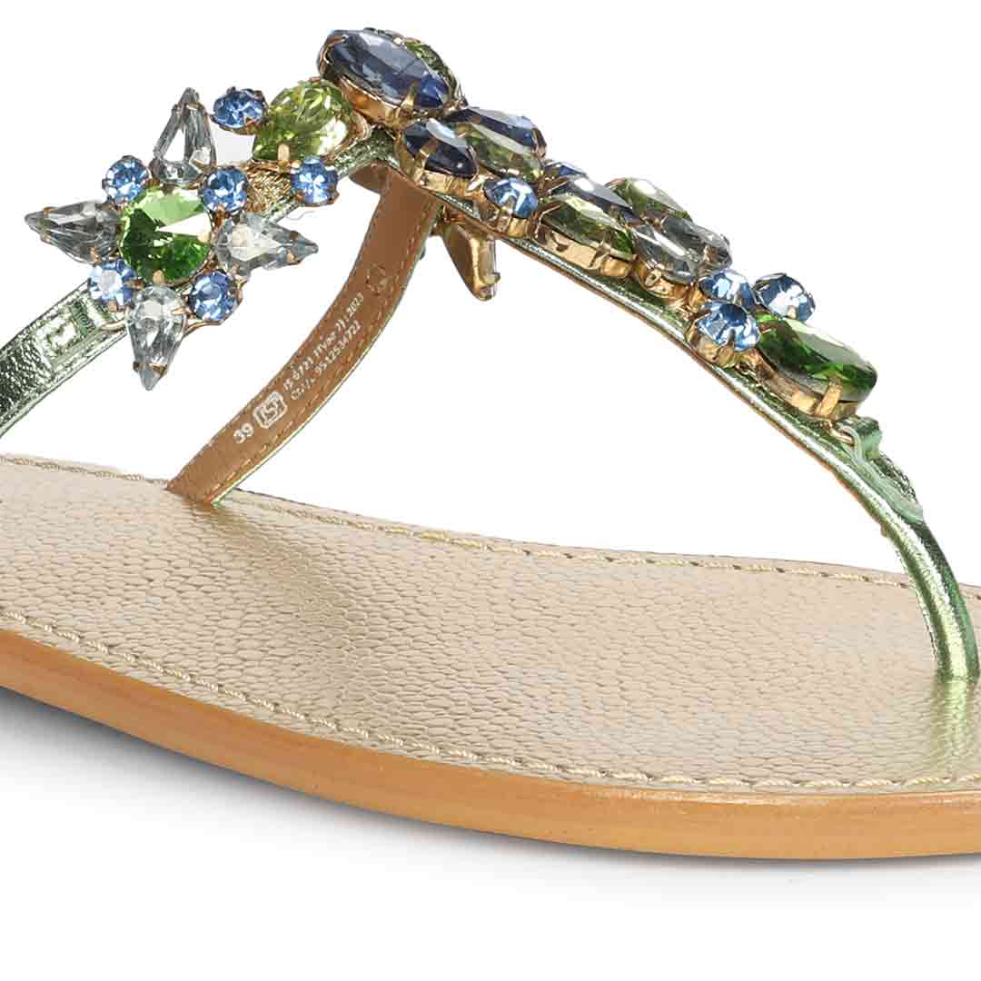 Saint Fleur Multi Stone Metallic Green Leather Flats