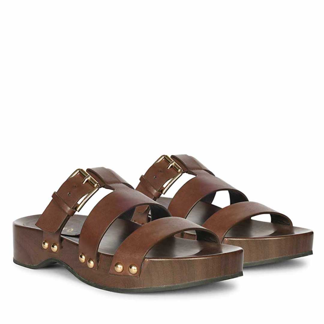 Saint Valene Buckle Brown Leather Platform Sandals