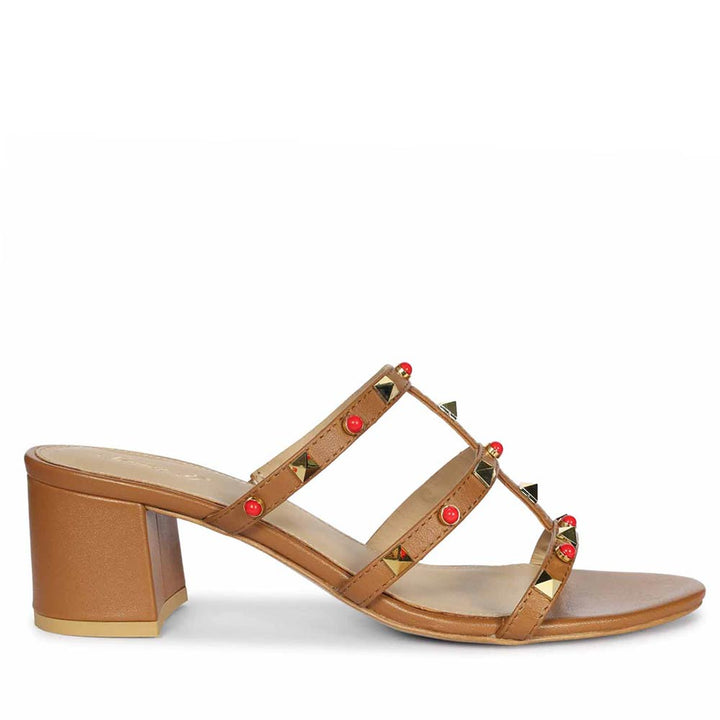 Saint Cressie Studded Tan Leather Block Heels