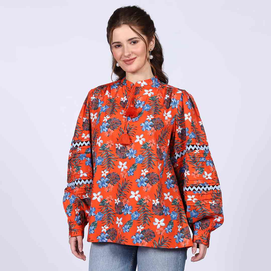 Saint Womens Orange Multicolour Cotton Poplin Top