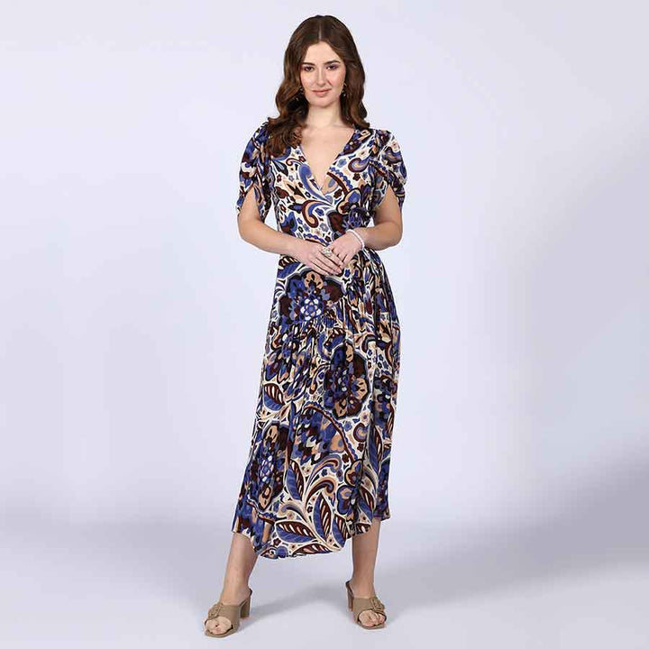 Saint Lily Blue Deep V-Neck Viscose Dress