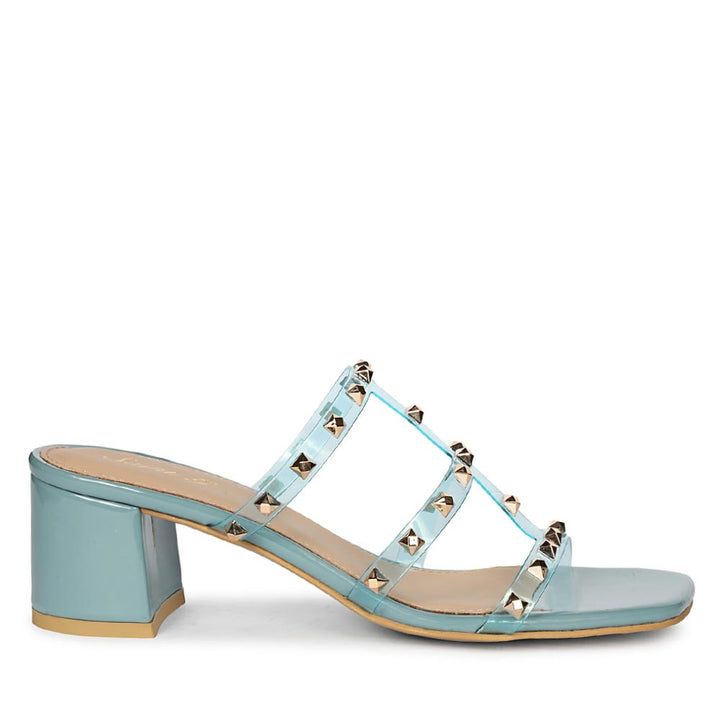 Blue Block Heels with Gold Studs