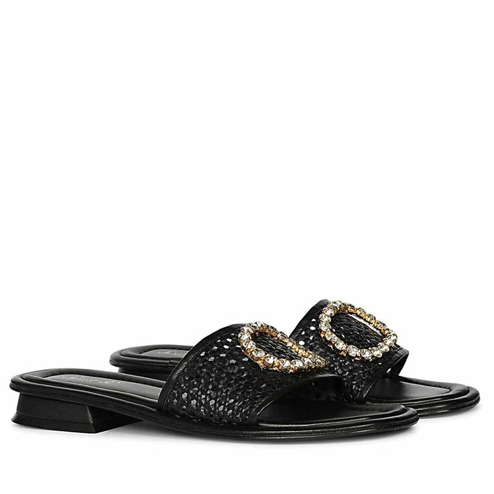 Saint Carly Black Woven Leather Crystal Buckle Slide