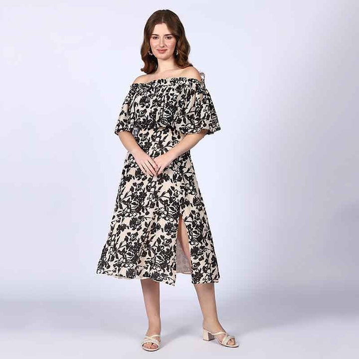 Saint Quinn Black Floral off Shoulder Midi Dress