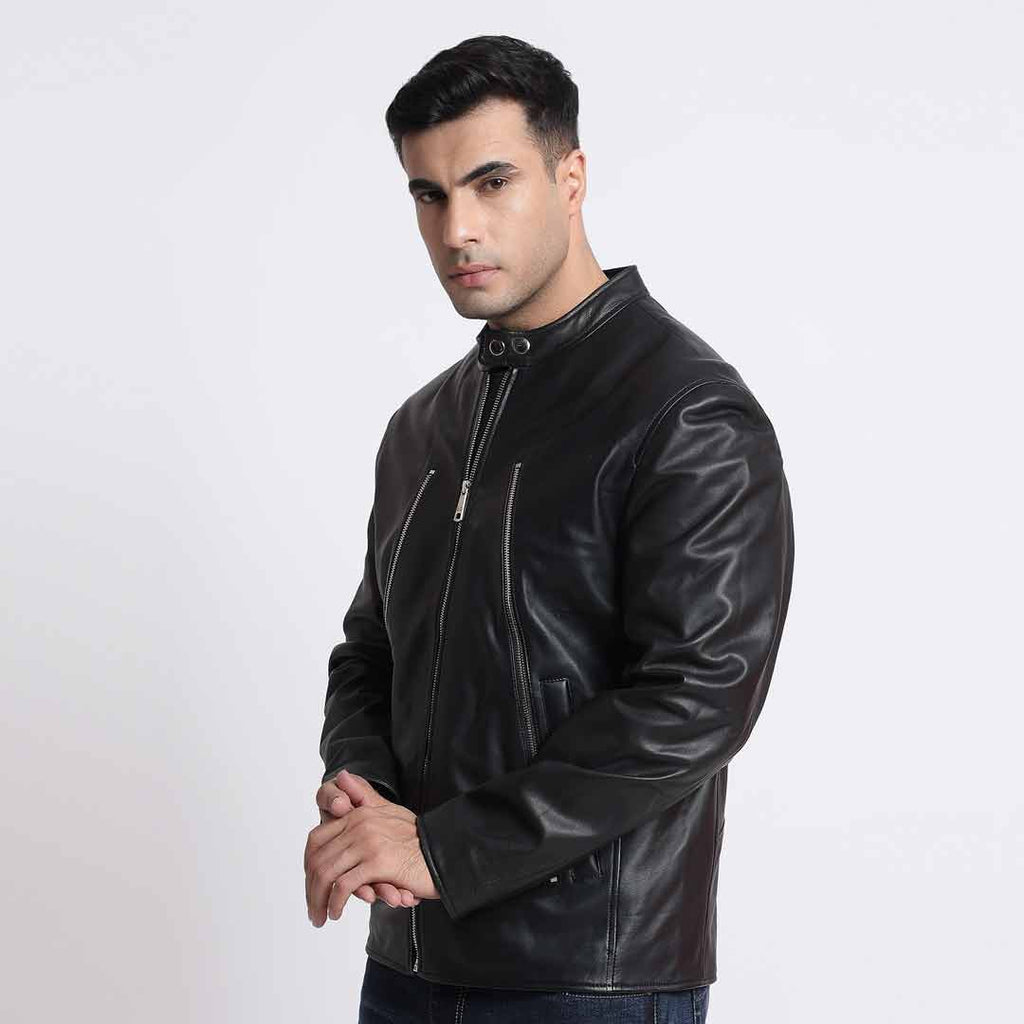 Saint Zachary Black Leather Men's Cafe Racer Jacket – SaintG India