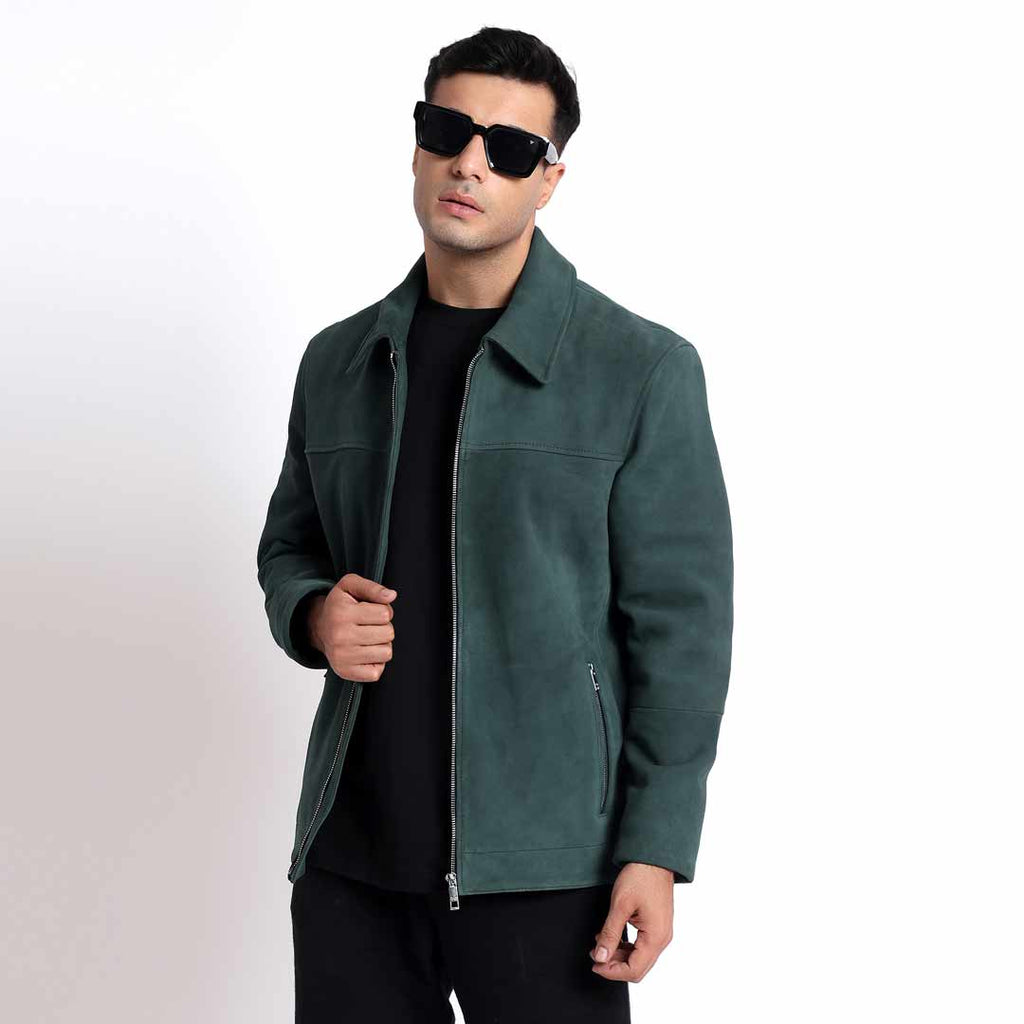 Buy Cristo Dark Green Suede Mens Leather Jacket With Collars