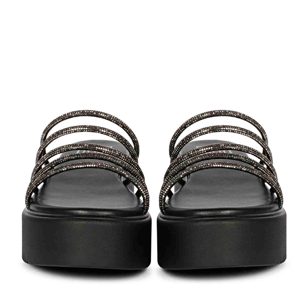 ViviBlu Black Leather Platform Sandals Embellished With Black Straps