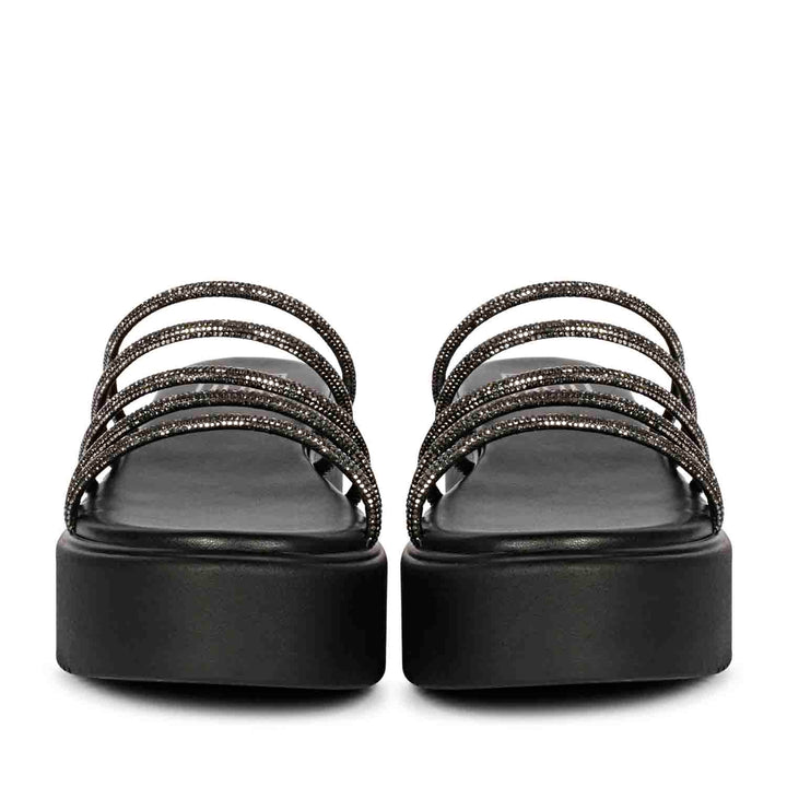 ViviBlu Black Leather Platform Sandals Embellished With Black Straps