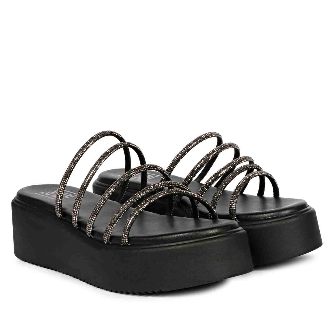 ViviBlu Black Leather Platform Sandals Embellished With Black Straps