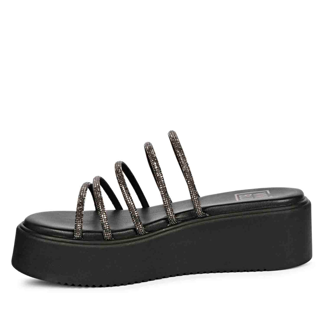 ViviBlu Black Leather Platform Sandals Embellished With Black Straps