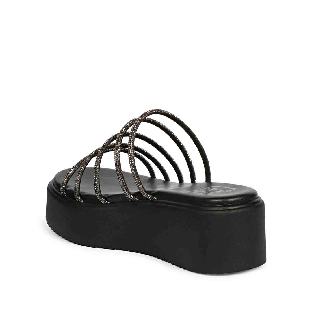 ViviBlu Black Leather Platform Sandals Embellished With Black Straps