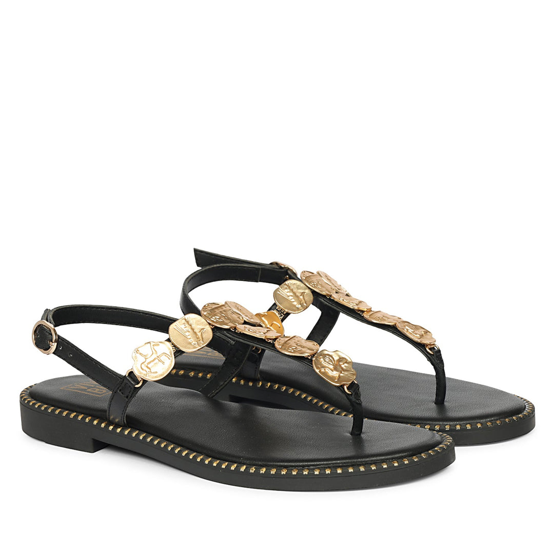 Averie Black Leather Flat Sandals