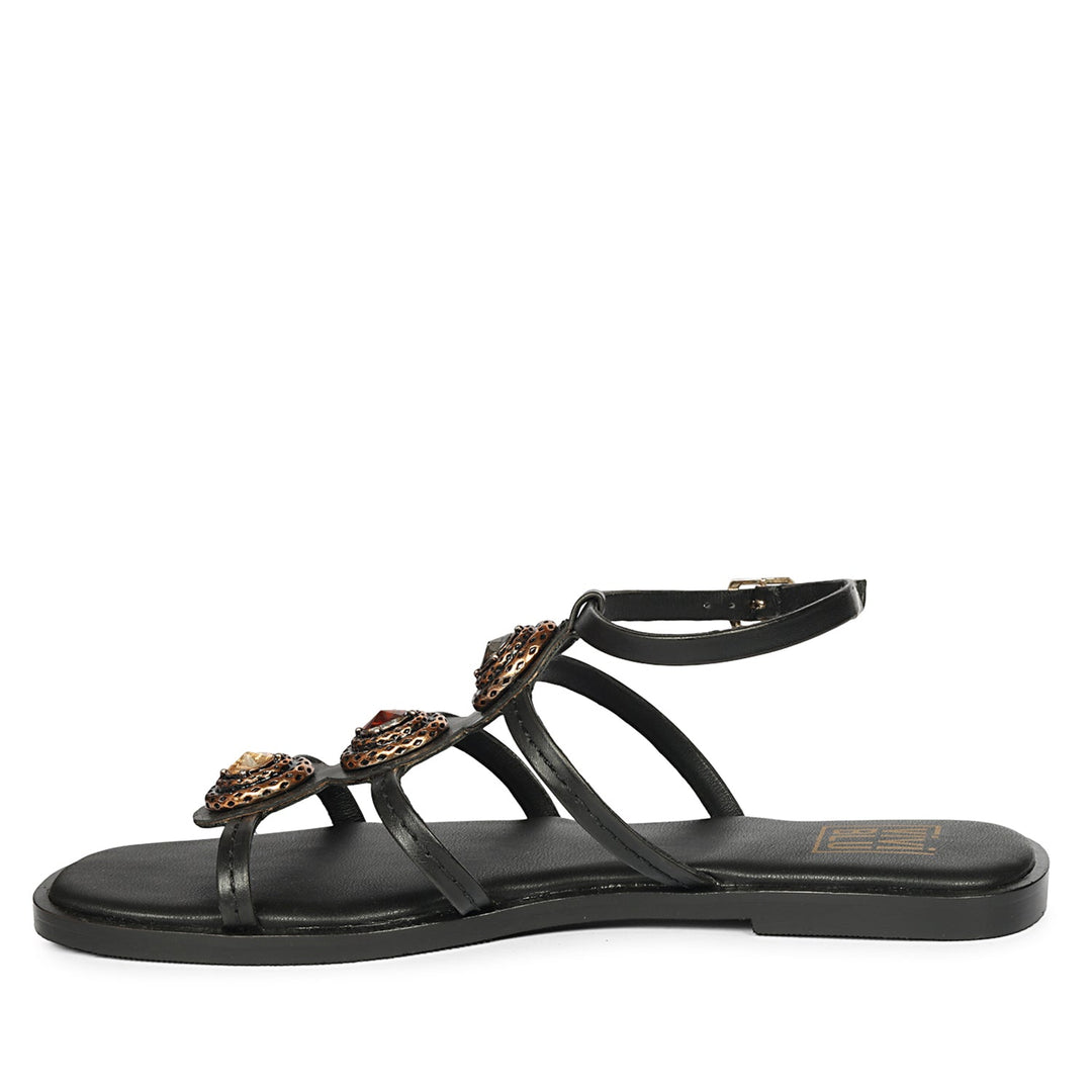 Natalie Black Leather Flat Sandals