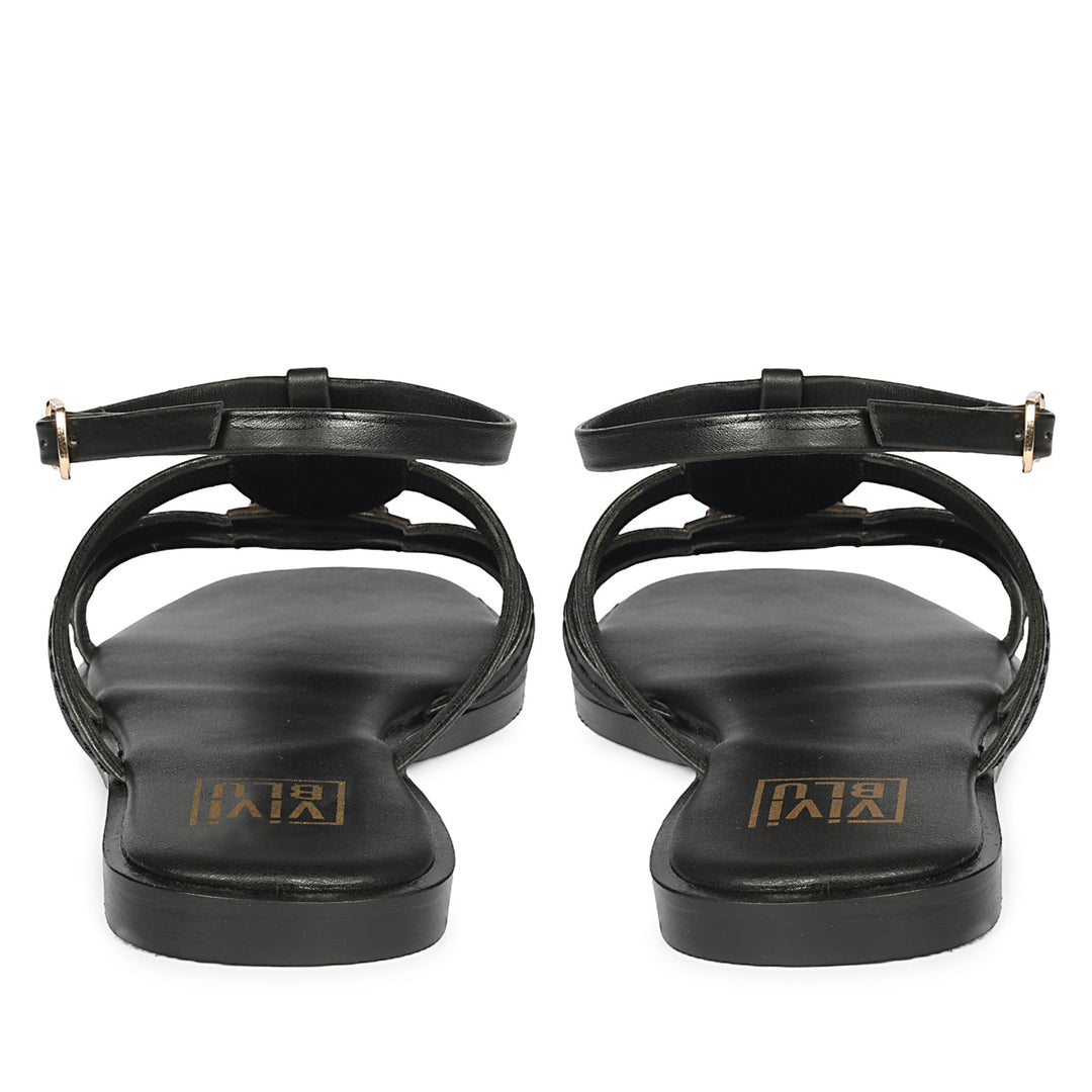 Natalie Black Leather Flat Sandals
