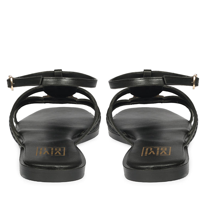 Natalie Black Leather Flat Sandals