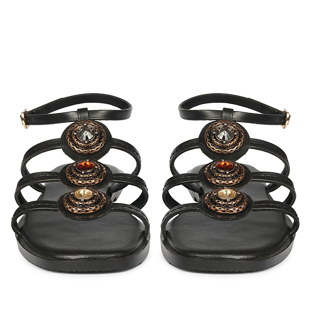 Natalie Black Leather Flat Sandals