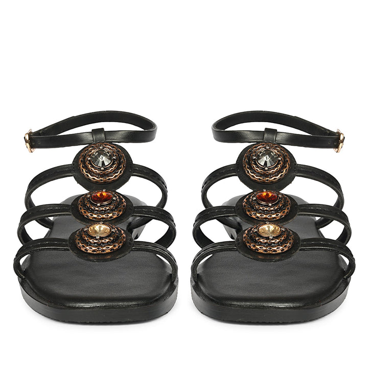Natalie Black Leather Flat Sandals