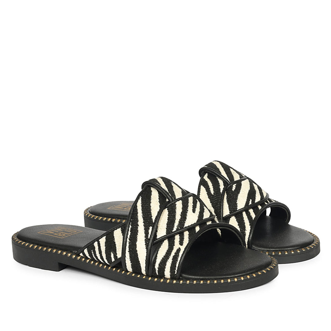 Jaylani Black White Leather Flat Sandals