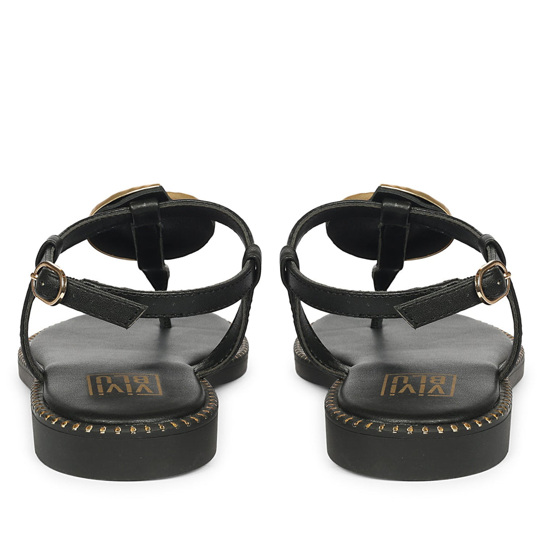 Amalia Black Leather Flat Sandals