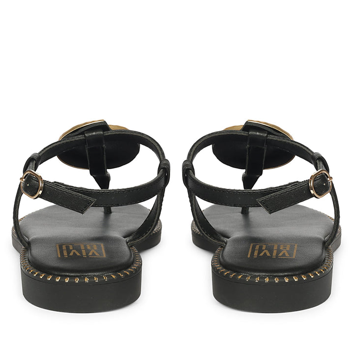 Amalia Black Leather Flat Sandals