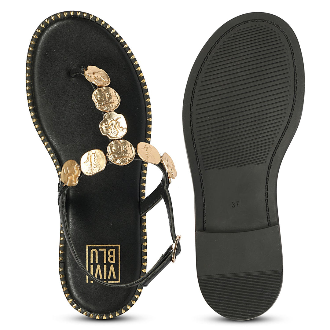Averie Black Leather Flat Sandals