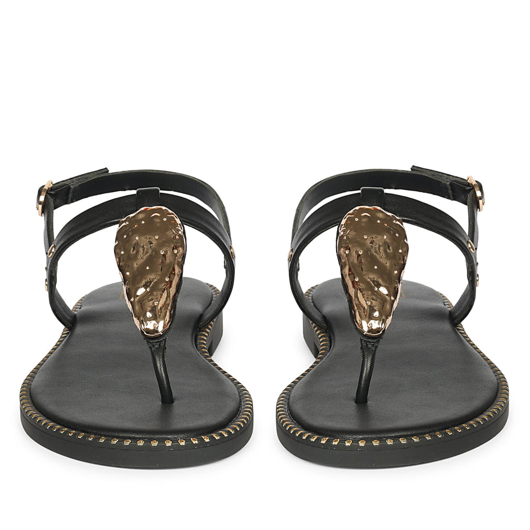 Alma Black Leather Flat Sandals