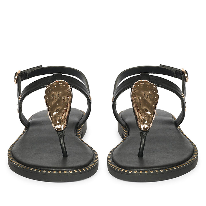 Alma Black Leather Flat Sandals