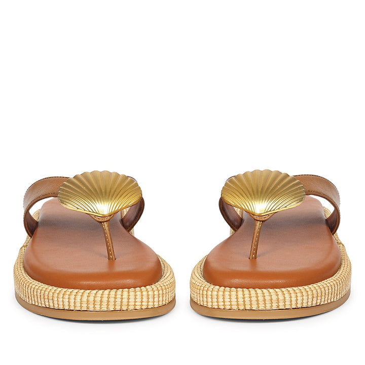 Elle Tan Leather Flat Sandals