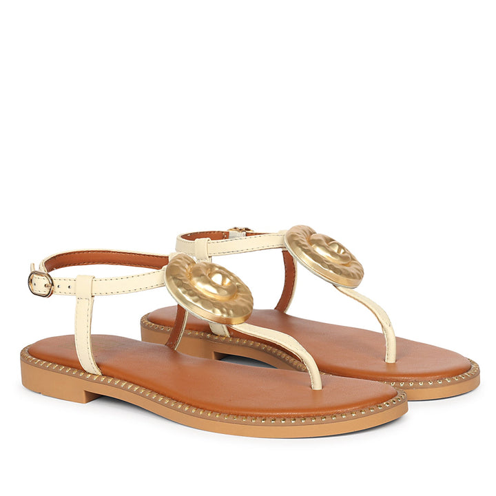 Amalia Off White Leather Flat Sandals