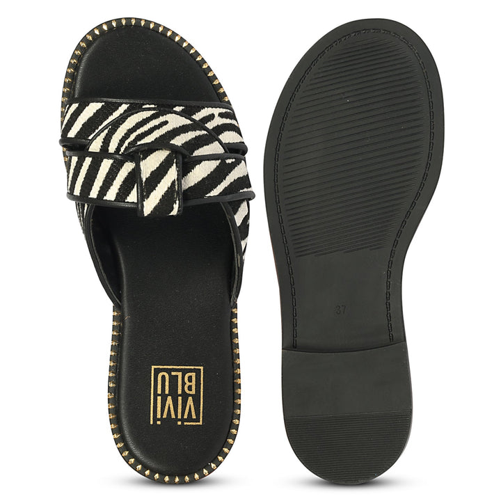 Jaylani Black White Leather Flat Sandals