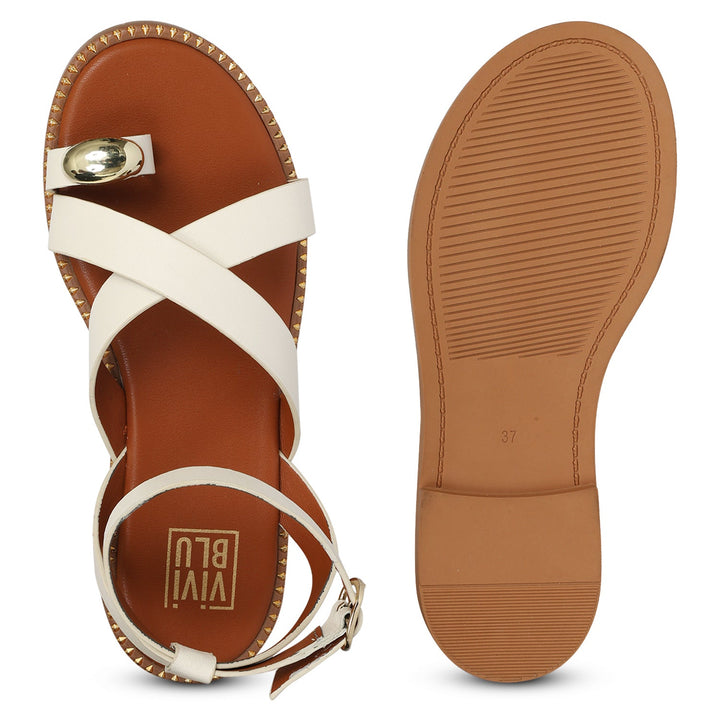 Reyna Off White Leather Flat Sandals