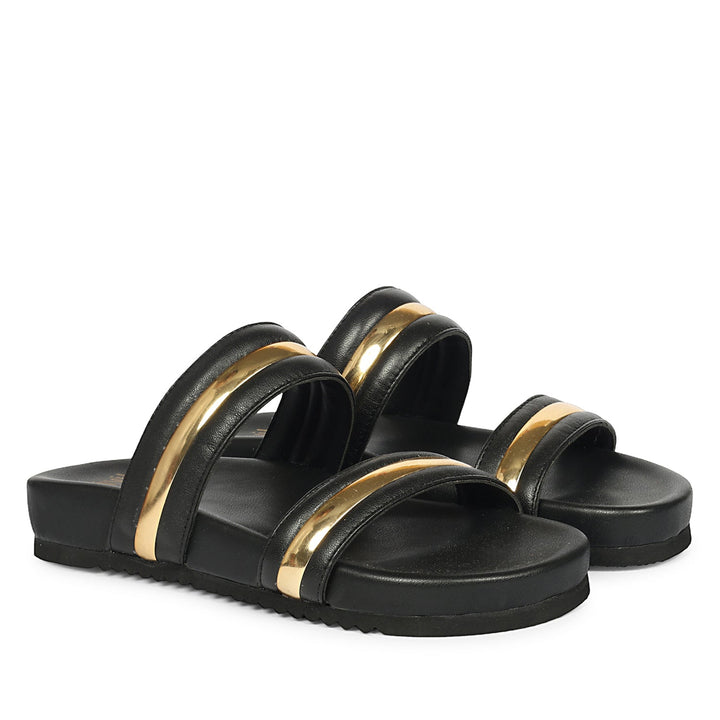 Daniela Black Leather Footbed Sandals