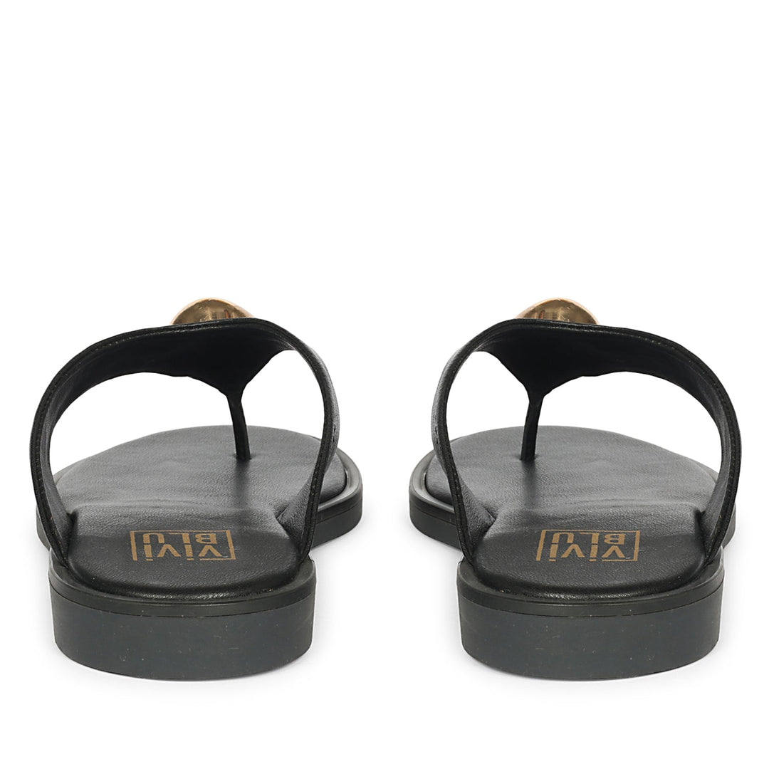 Leyla Black Leather Flat Sandals