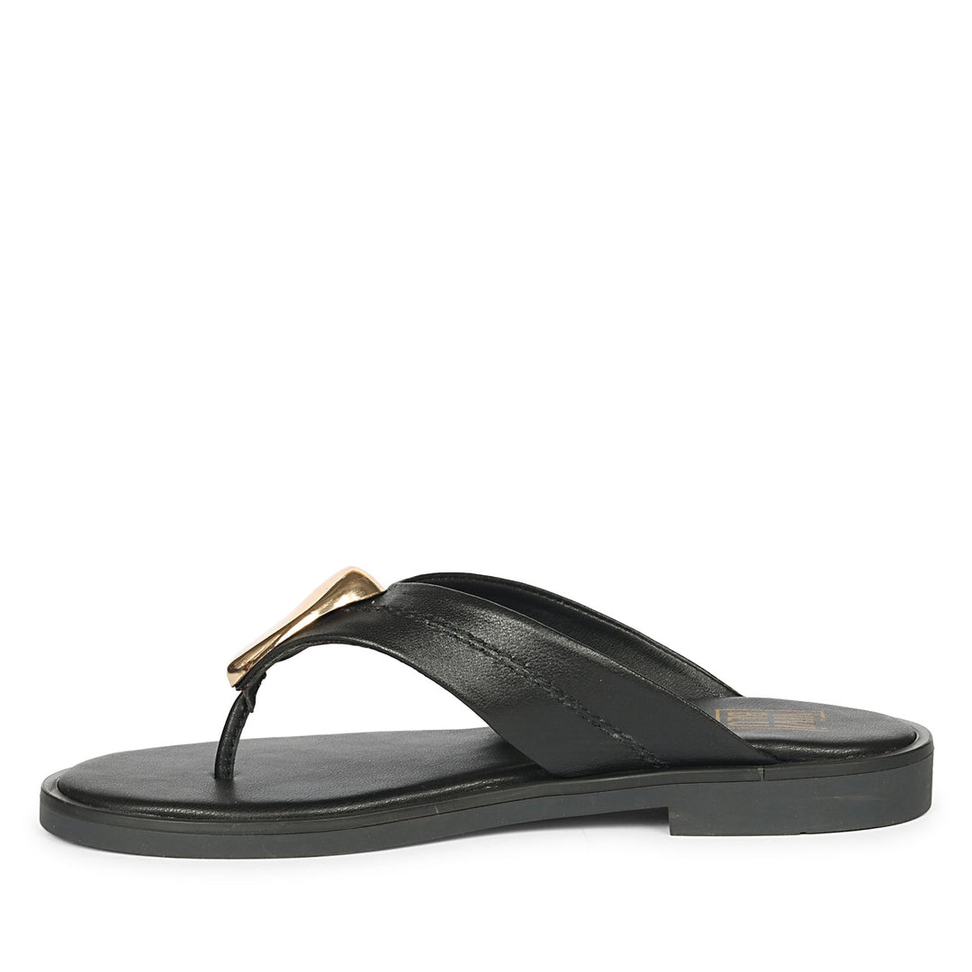 Leyla Black Leather Flat Sandals