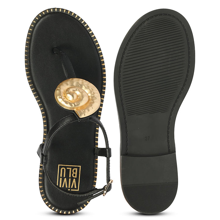 Amalia Black Leather Flat Sandals